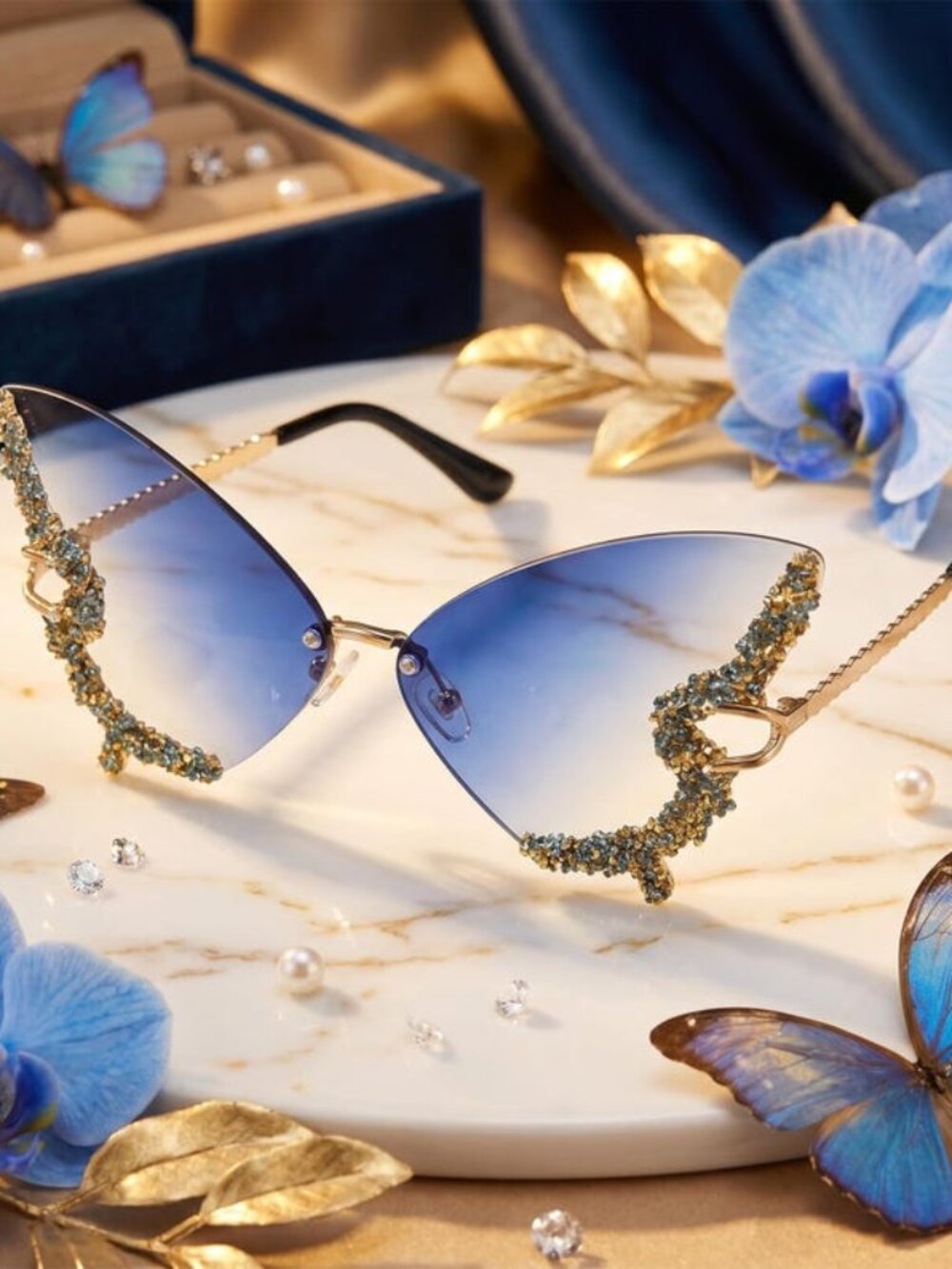 Rhinestone Butterfly Sunglasses - Blue Oversized Crystal Shades